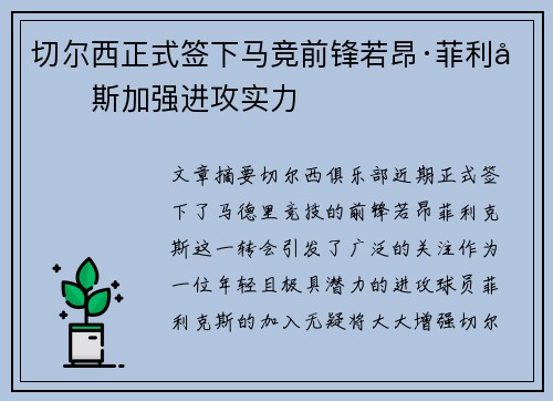 切尔西正式签下马竞前锋若昂·菲利克斯加强进攻实力